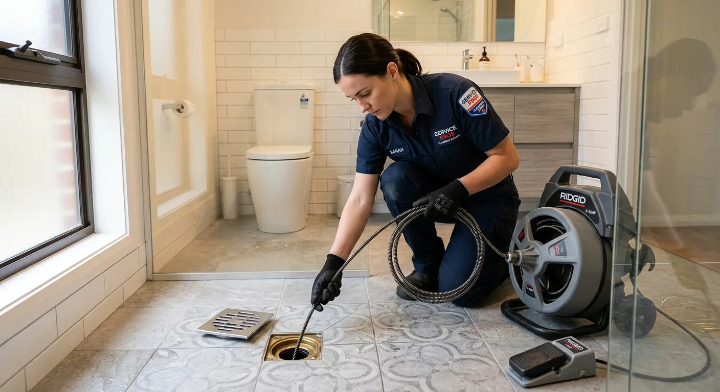 Technician clearing a bathroom floor drain for Sewer Line Installation in Brookfield